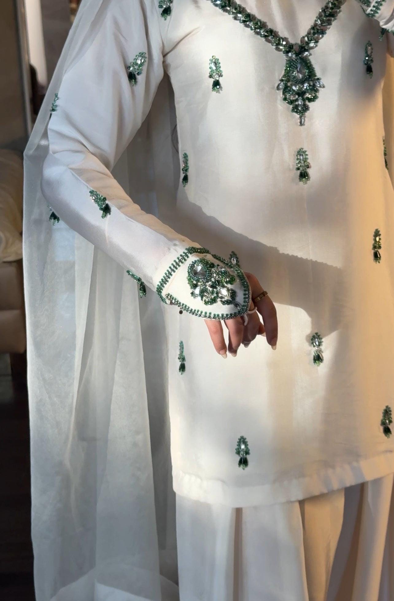 Embroidered White Silk Farshi Shalwar Kameez: Pakistani Party Suit