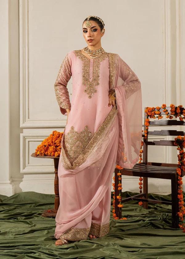 Blush Pink Kamdani Punjabi Suit: 3-Piece Chiffon Pakistani Wedding Outfit