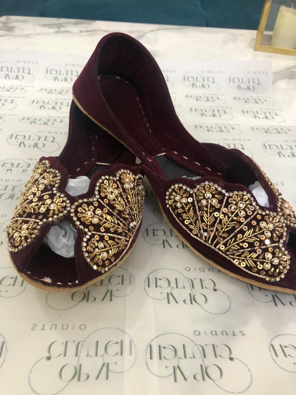 Handmade Bridal Khussa Jutti | Mirror & Velvet Embellished Flats