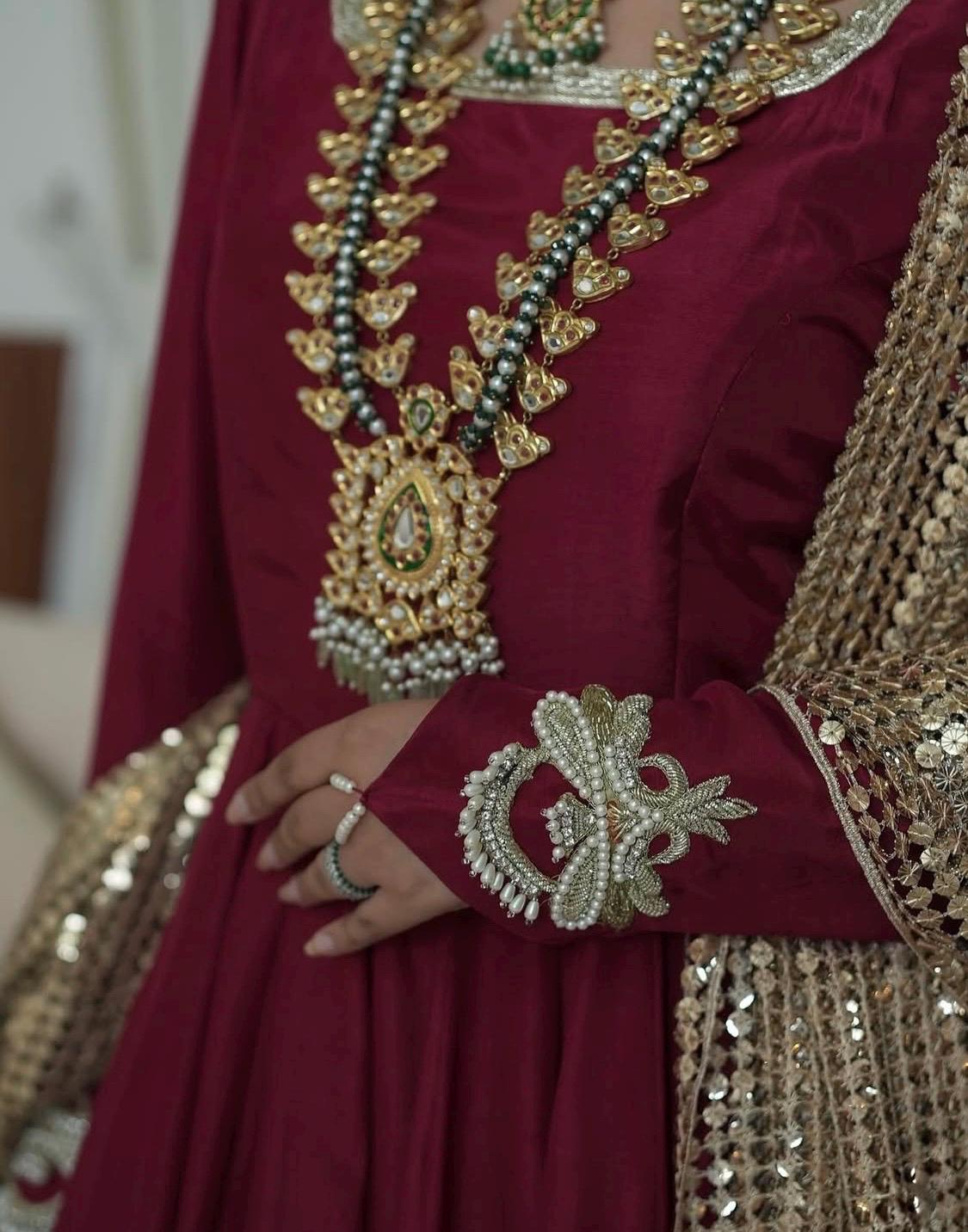 Red Floral Embroidered Pakistani Gown | Sequined Dupatta