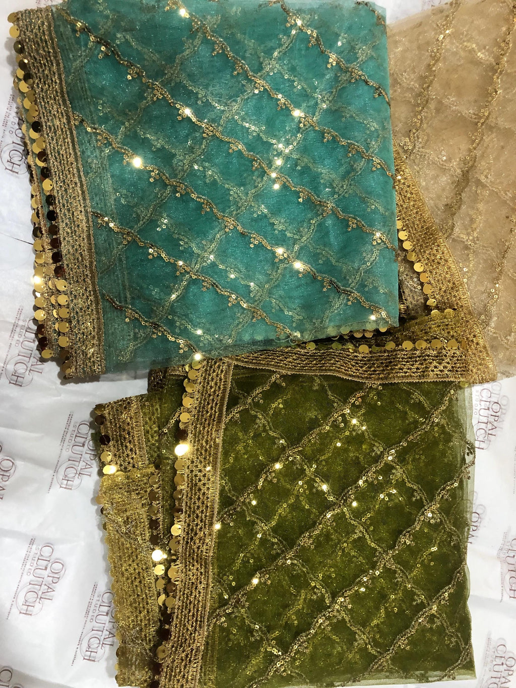 Zari Net Dupatta, Gold, Blue, Green, Engagement Mehndi Wear