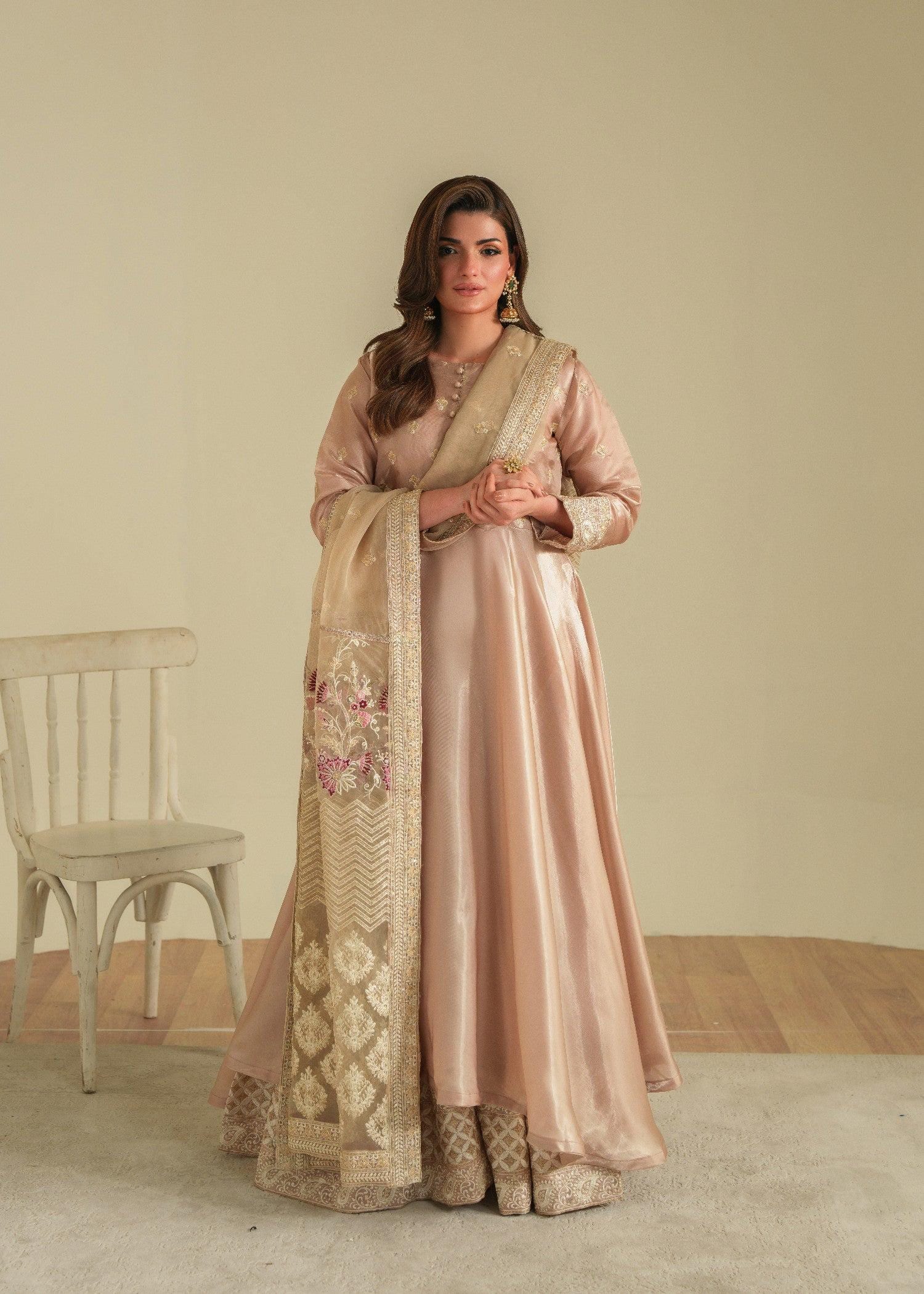 Tea rose pink Flared pishwas sharaha pants, Pakistani handembriodery 3pc Outfit