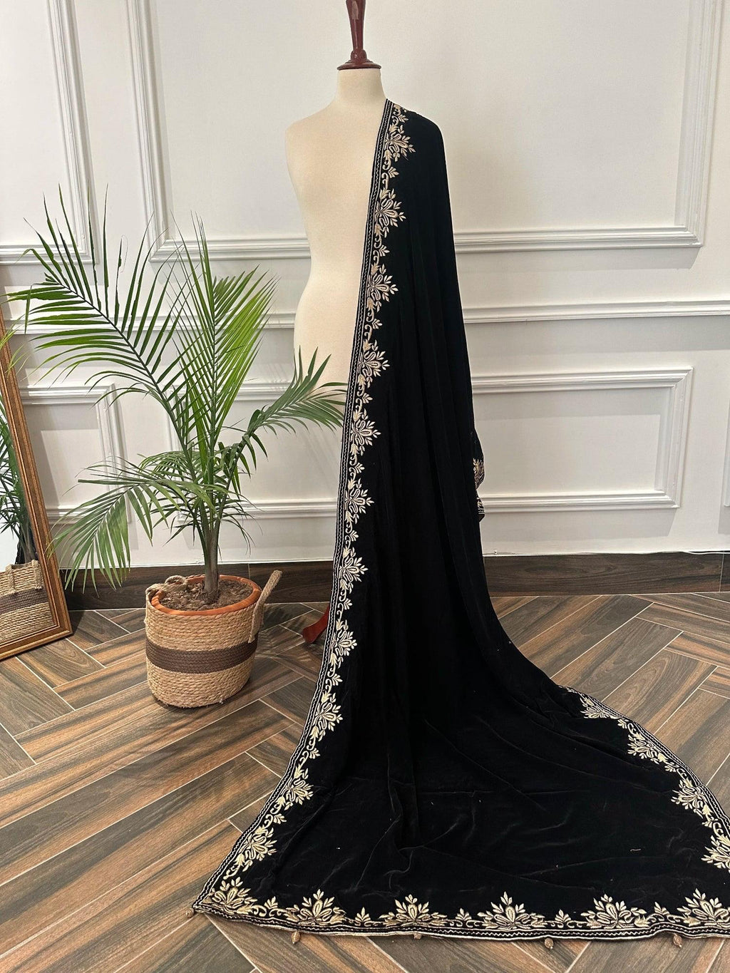 Black Velvet Indian Shawl | Silver Tila Embroidery, Wedding Wrap
