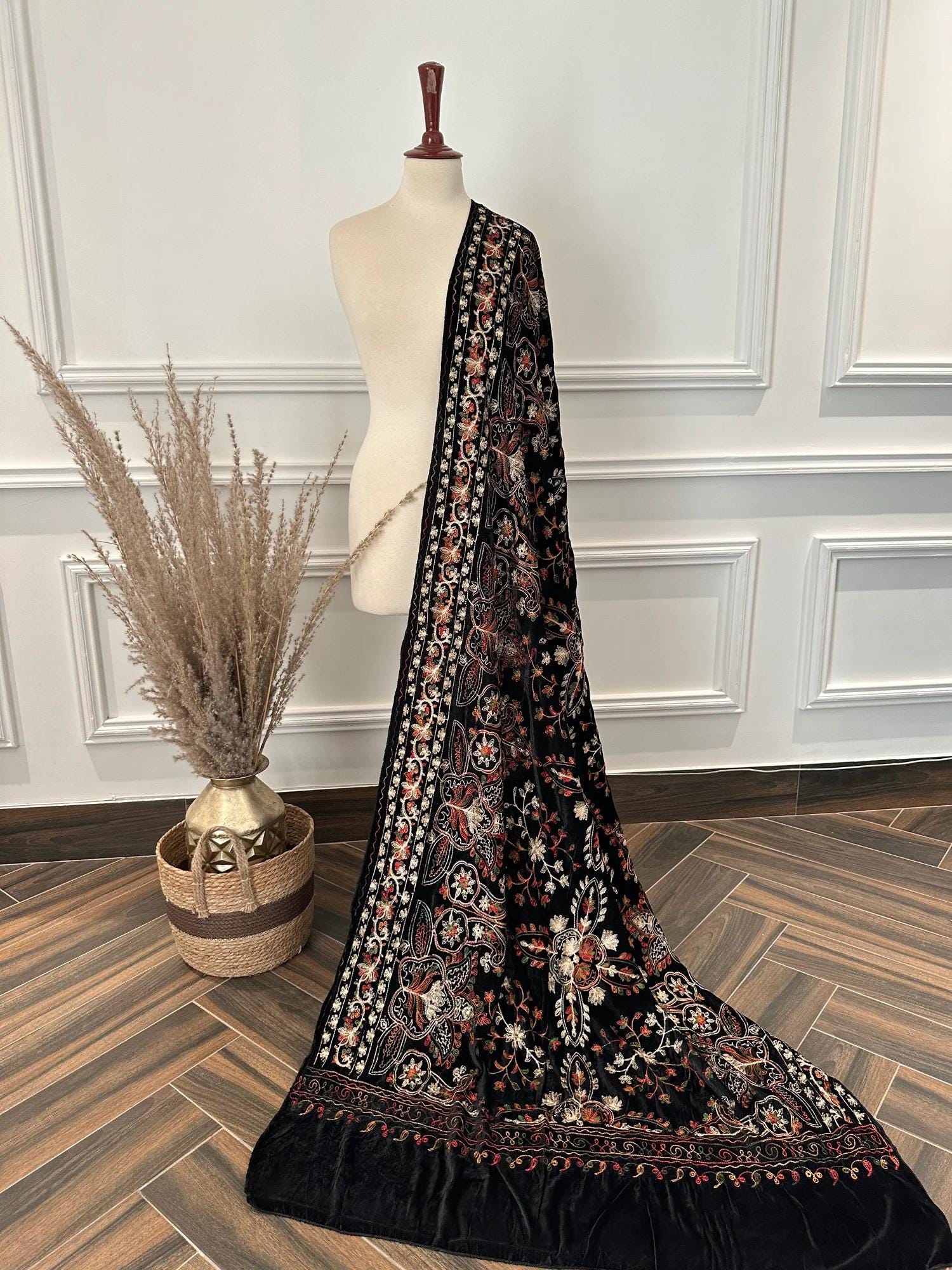 Black Velvet Kashmiri Shawl: Bridal Hand Embroidered Shawl
