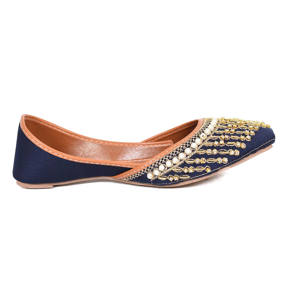 Handmade Blue Velvet Jutti: Pearl & Sequins, Punjabi Flats