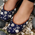 Blue Floral Embroidered Jutti | Satin Punjabi Ballet Flats