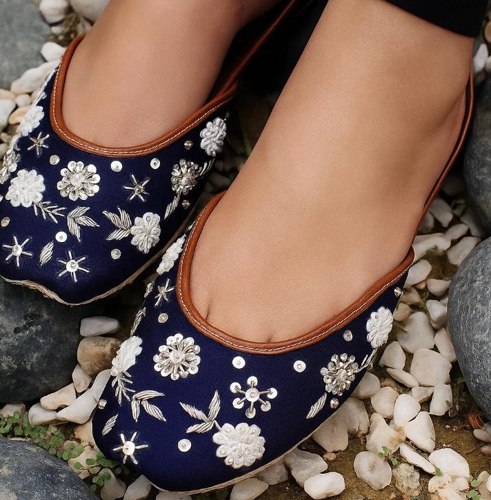 Blue Floral Embroidered Jutti | Satin Punjabi Ballet Flats
