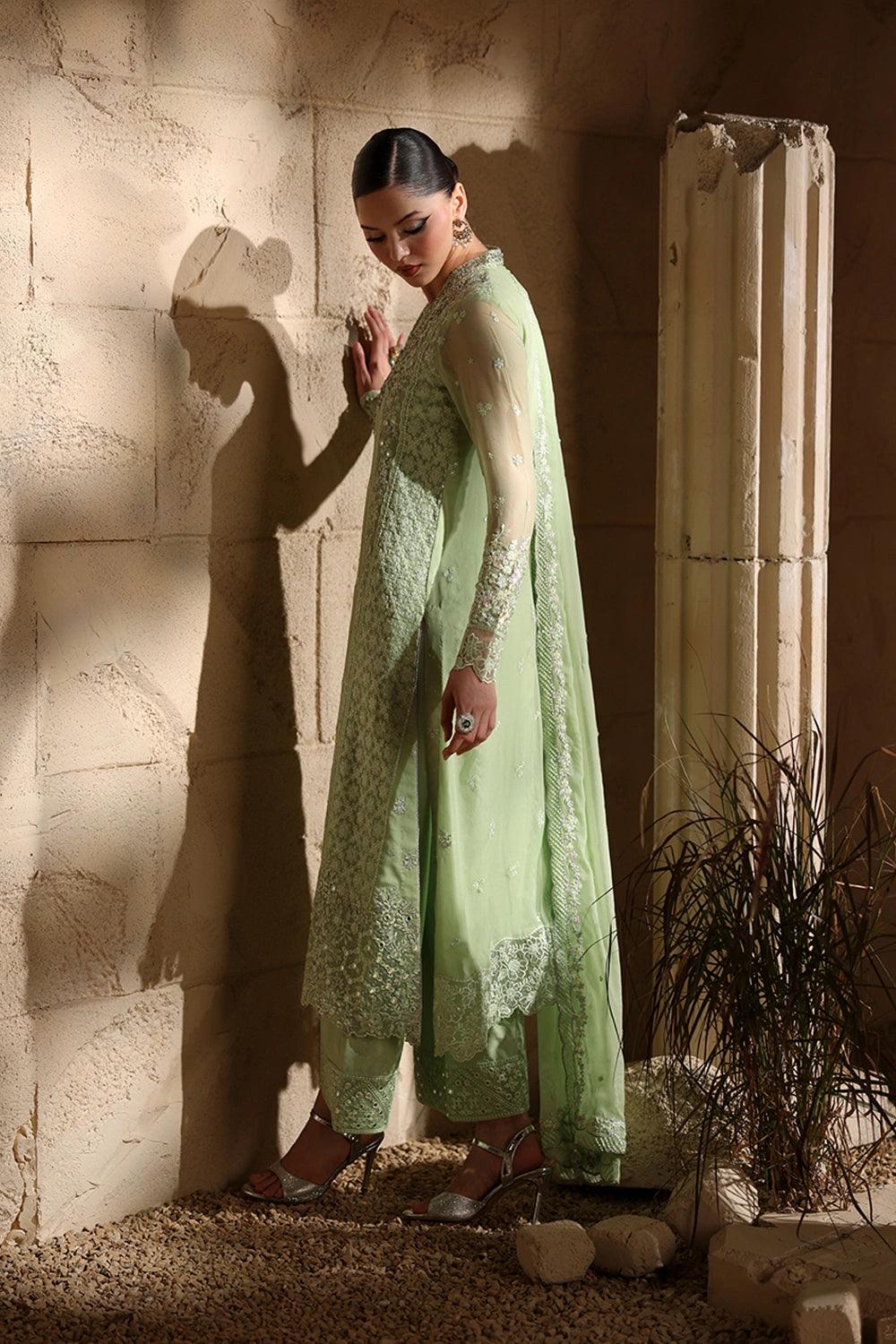 light green Chiffon Pakistani Bridal Suit: Embroidered Net Dress