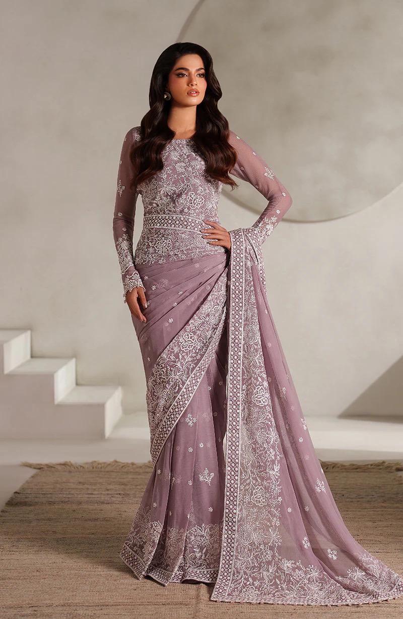 lavender hand embroidery embellished Saree for wedding, Chiffon Indian Party Wear, Matching Blouse