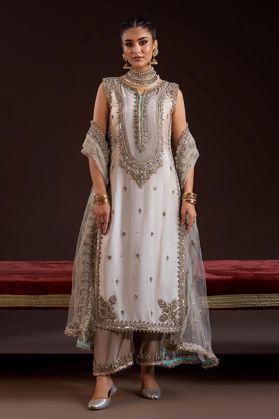 Ivory Glass Silk Farshi Shalwar Kameez with Net Dupatta