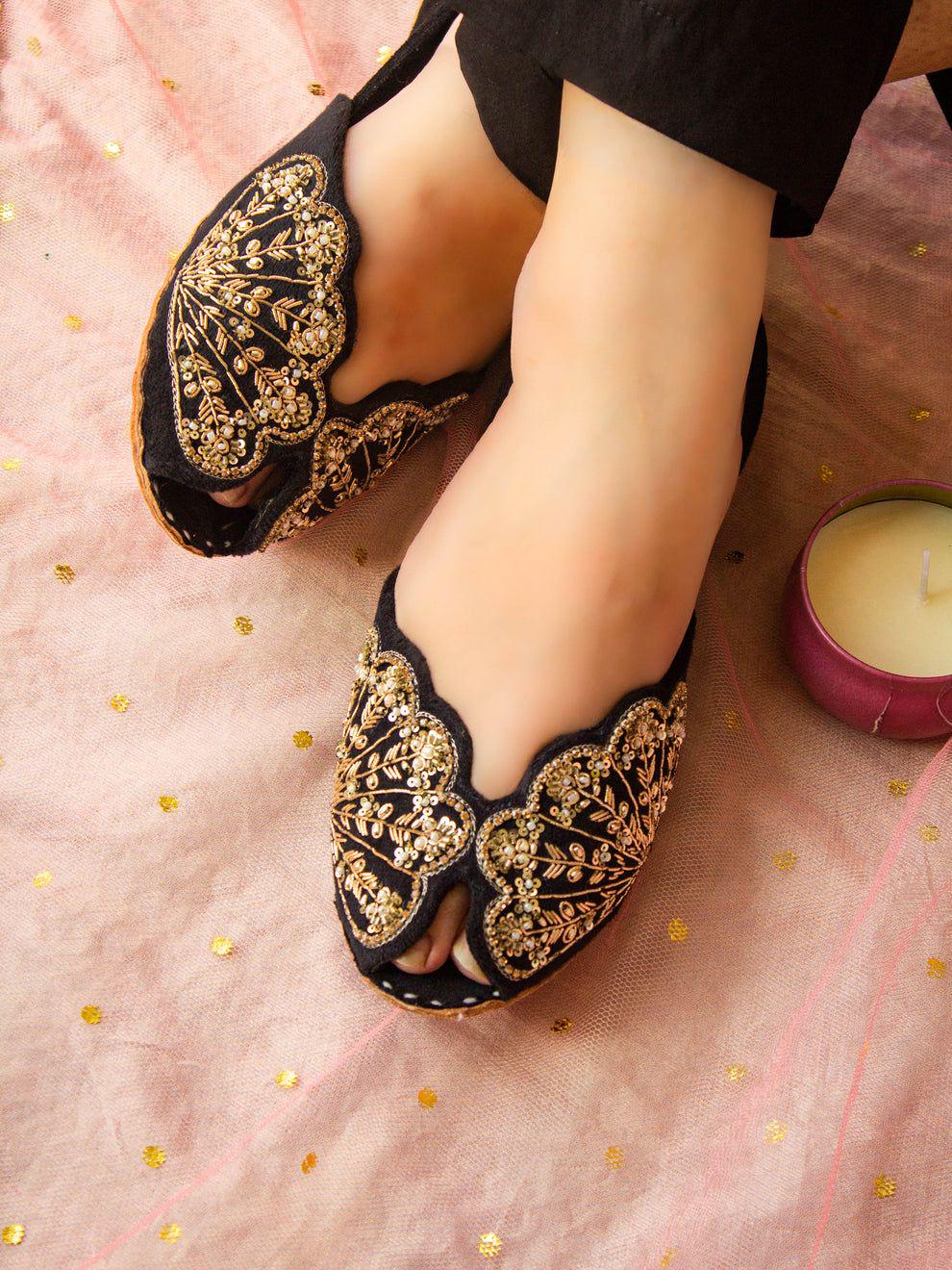 Handmade Bridal Khussa Jutti | Mirror & Velvet Embellished Flats