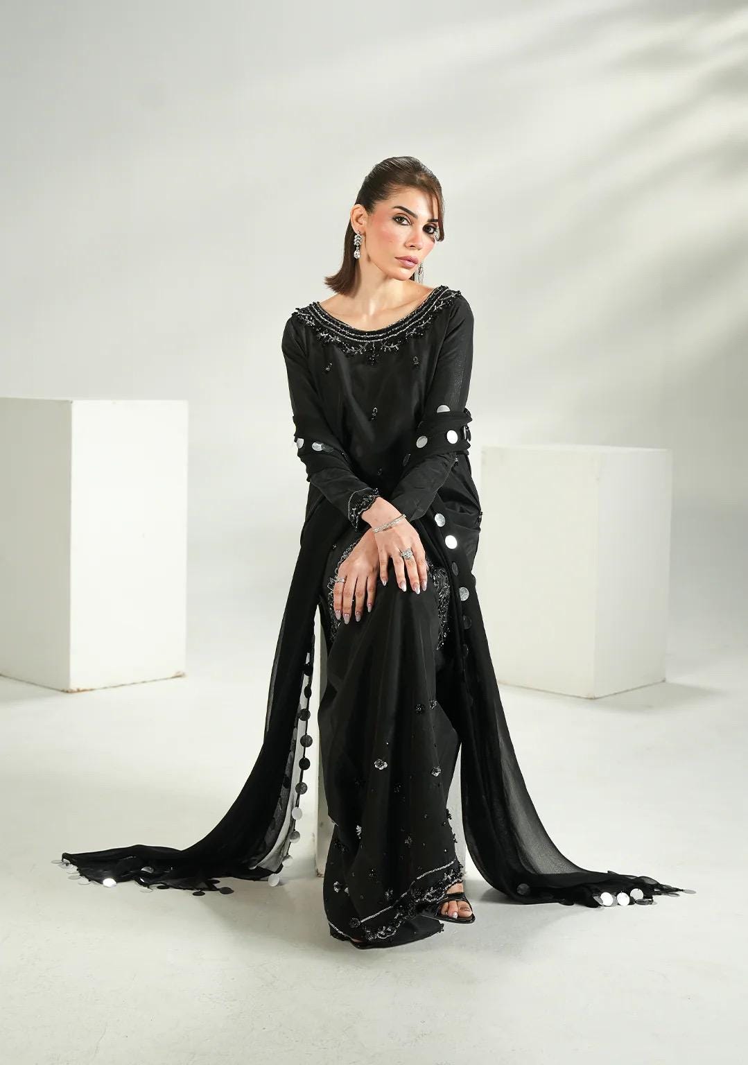 Embroidered Black Silk Farshi Shalwar Kameez: Indian Wedding Outfit with Chiffon Dupatta