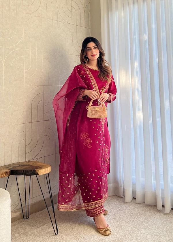 Embroidered Magenta haze Kattan Silk Suit Culottes  and organza Dupatta