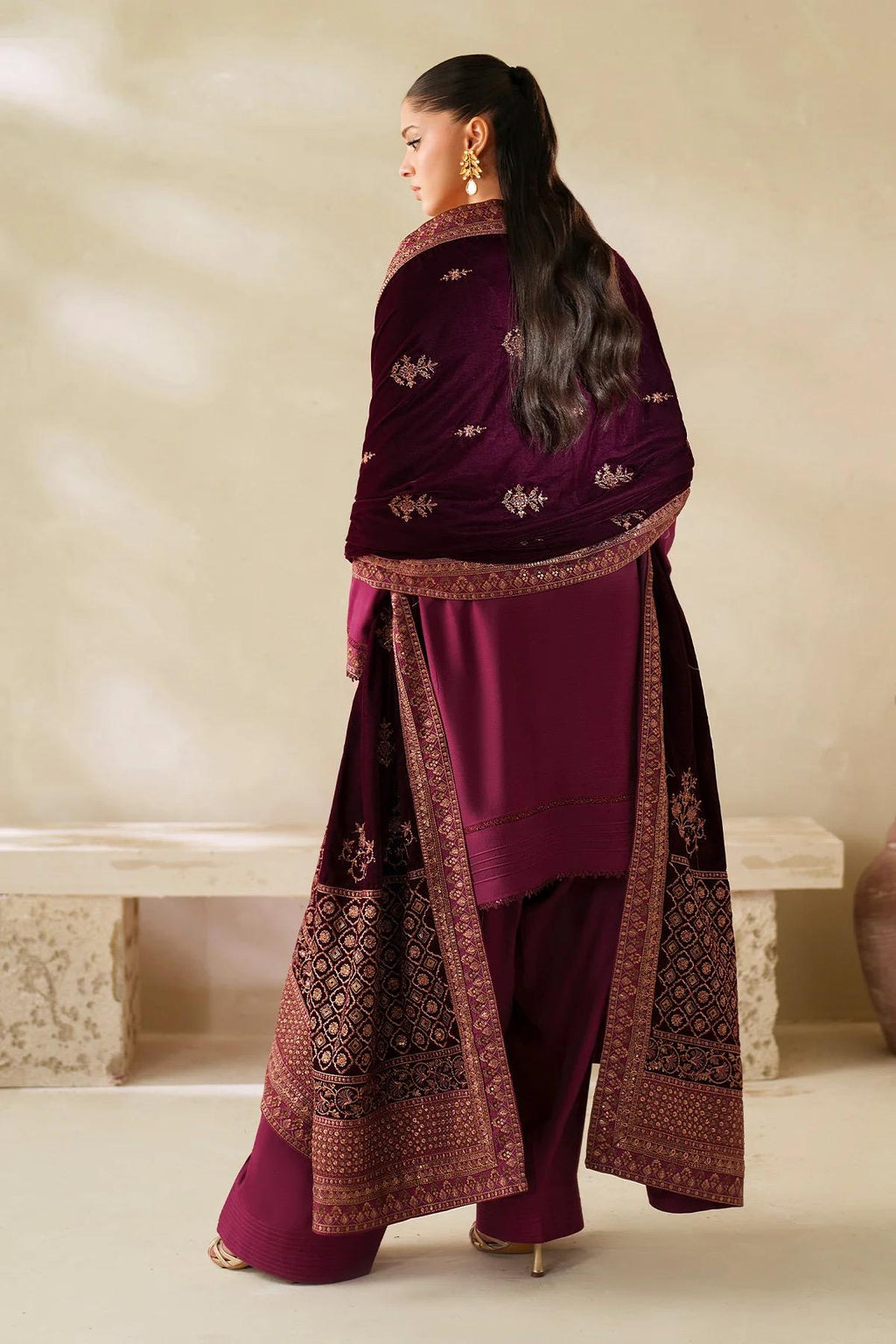 Maroon Velvet Shawl, Sequins Embroidered, Bridal Gift