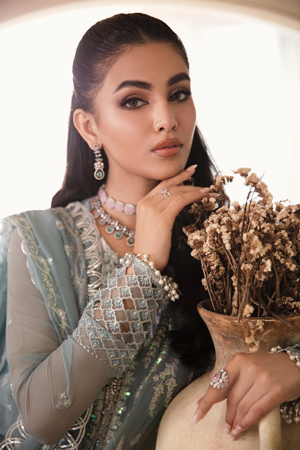 Embroidered Sky Blue Chiffon Pakistani Dress, Lace Sharara, Eid Outfit