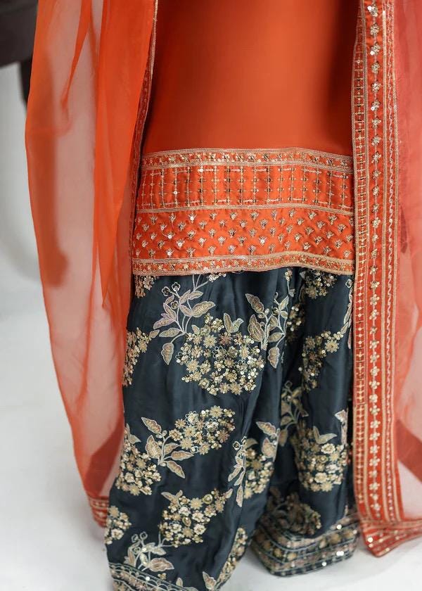 Embroidered Silk Shalwar Suit, Orange Chiffon Farshi Dress, Organza Dupatta