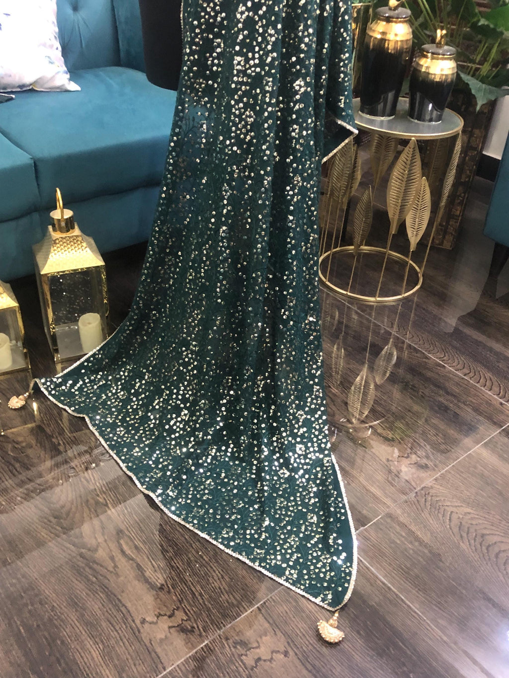 Green Sequin Dupatta: Chiffon Shawl, Embroidered Bridal Mayun