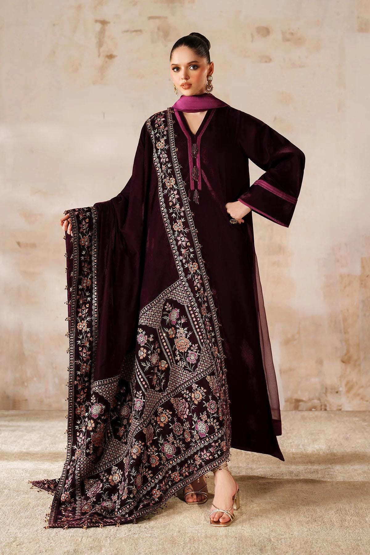 Embroidered Velvet Bridal Shawl, Maroon Multi Color