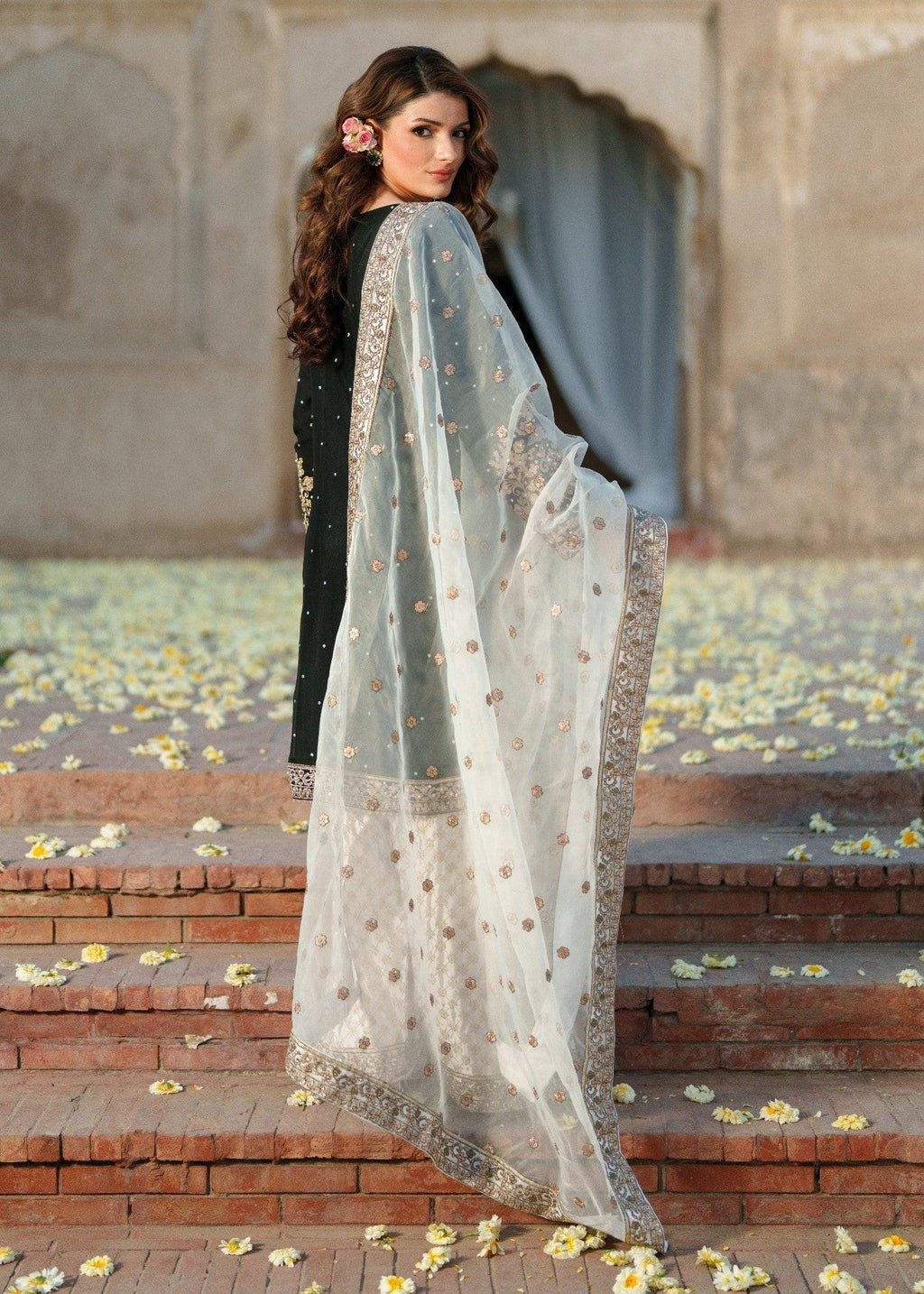 Black Kamdani Punjabi Suit, 3pc Chiffon Kurta, Organza Dupatta