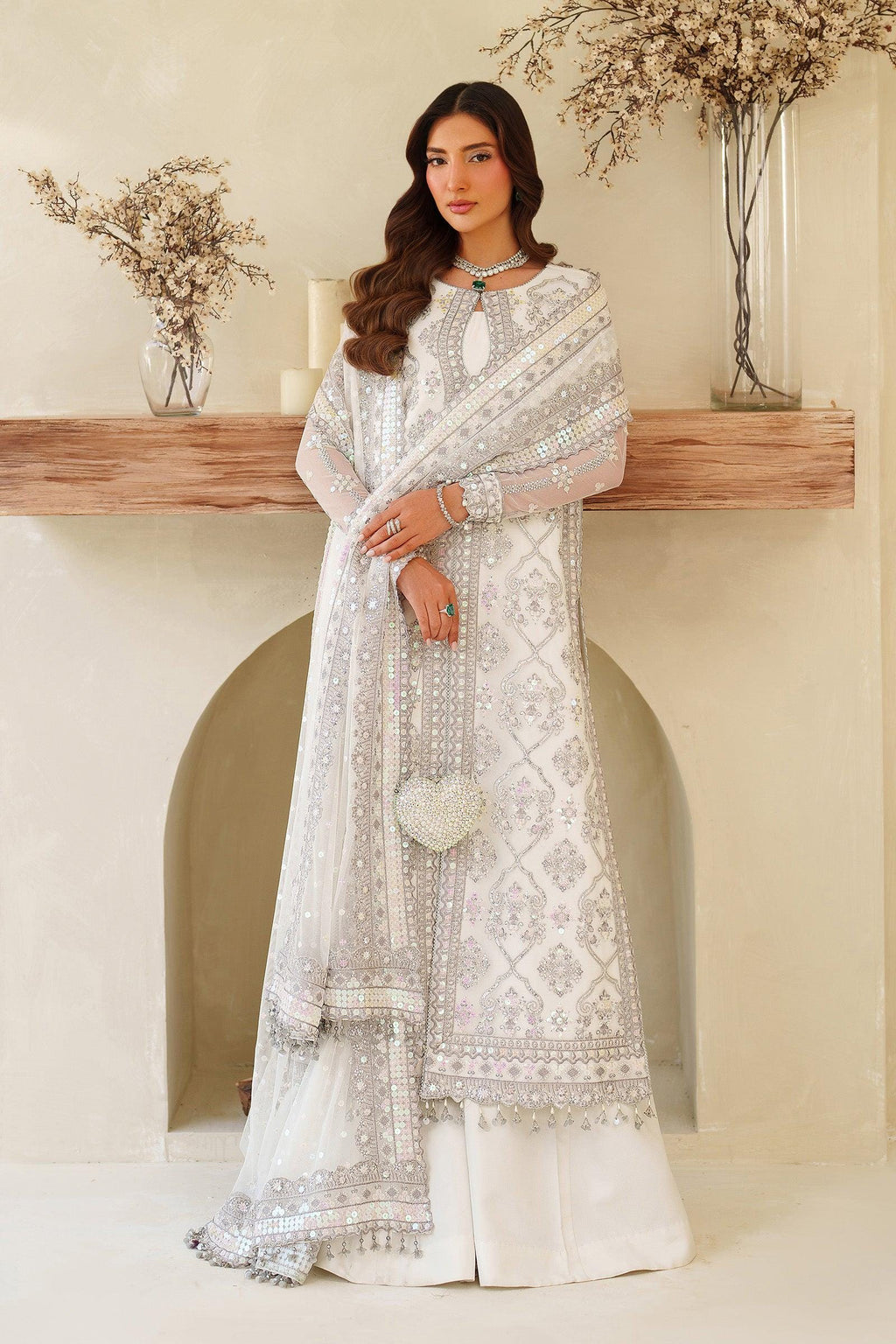 White Sequins Embroidered Pakistani Dress with Sharara
