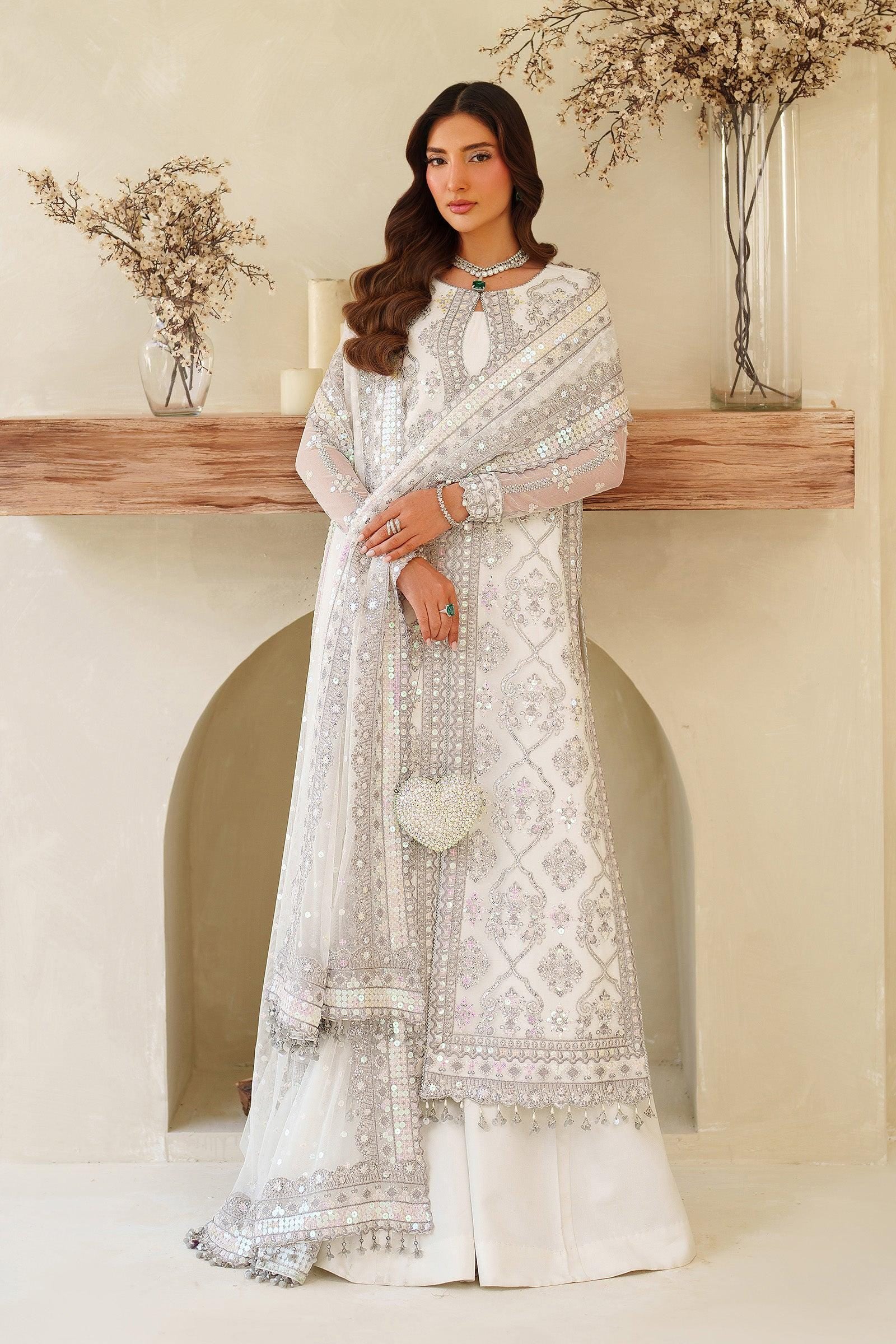 White Sequins Embroidered Pakistani Dress with Sharara