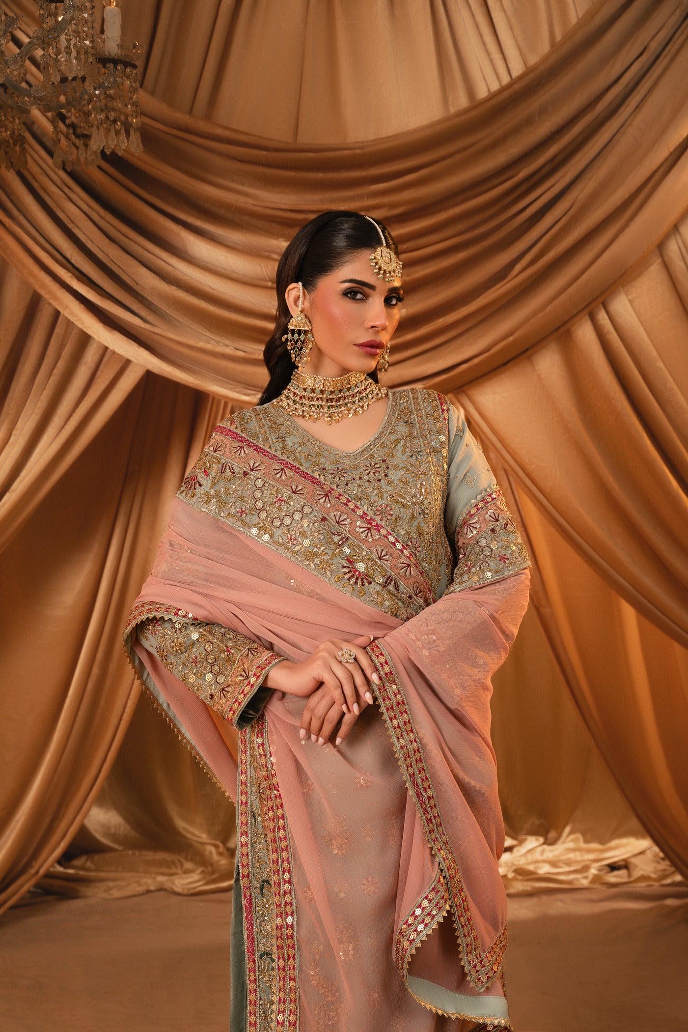 Embroidered Chiffon Kurta Set: Green Raw Silk Trouser, Wedding Dress