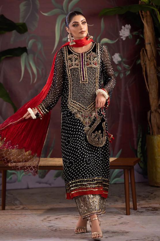 Hand Embroidered Pakistani 3pc Suit | Black Chunnari Chiffon, Festive Wedding Wear