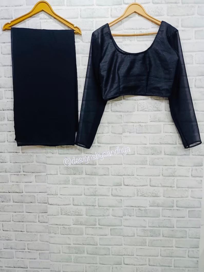 Black bolywood style Chiffon Saree, Indian sari with stitched blouse, readymade Blouse
