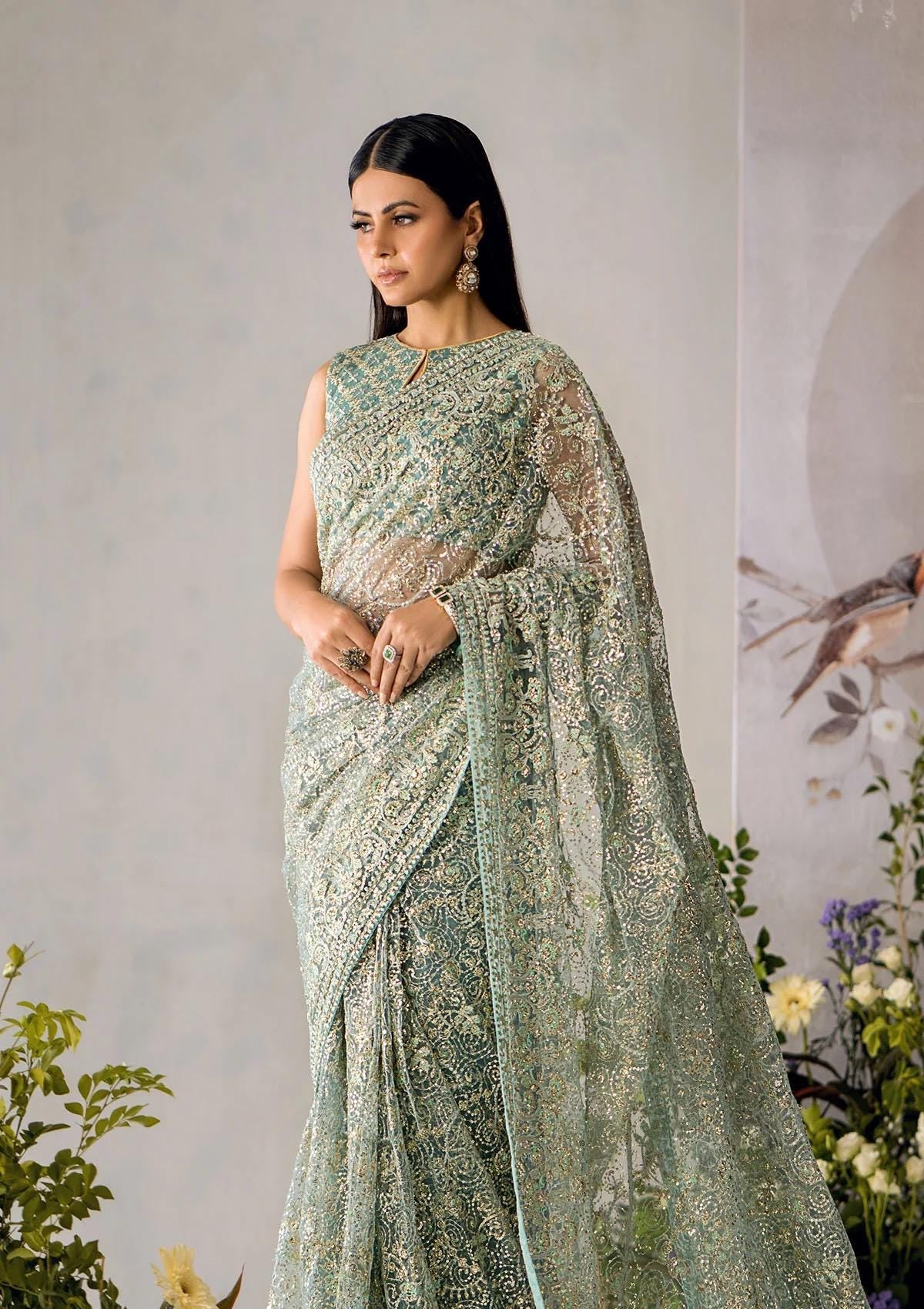 Embroidered Tulle Saree: Aqua Silk Indian Wedding Party Wear