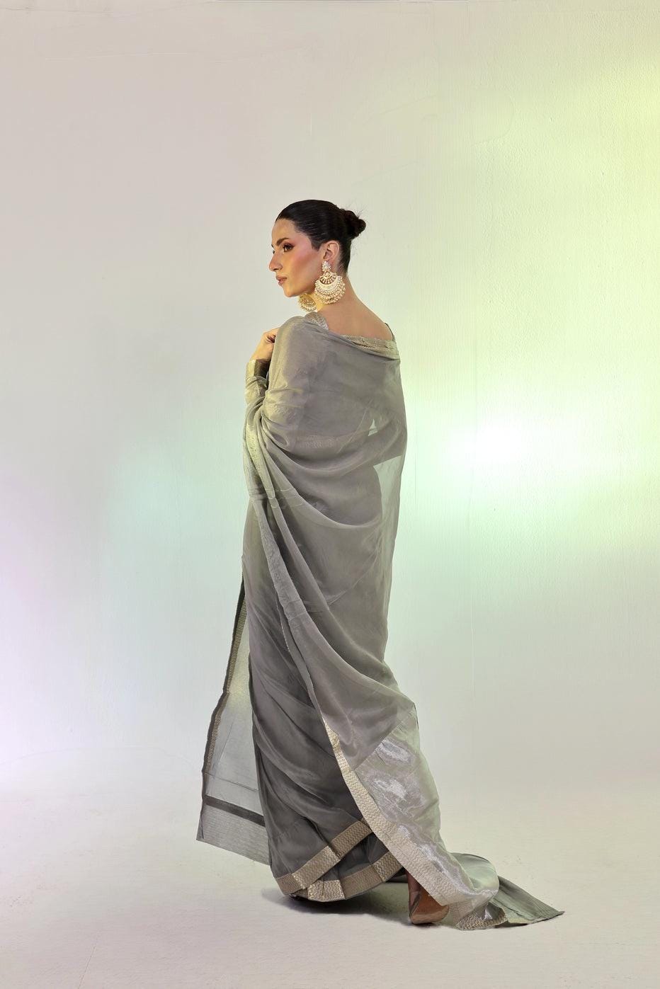 Silver Banarasi Chiffon Saree with Blouse