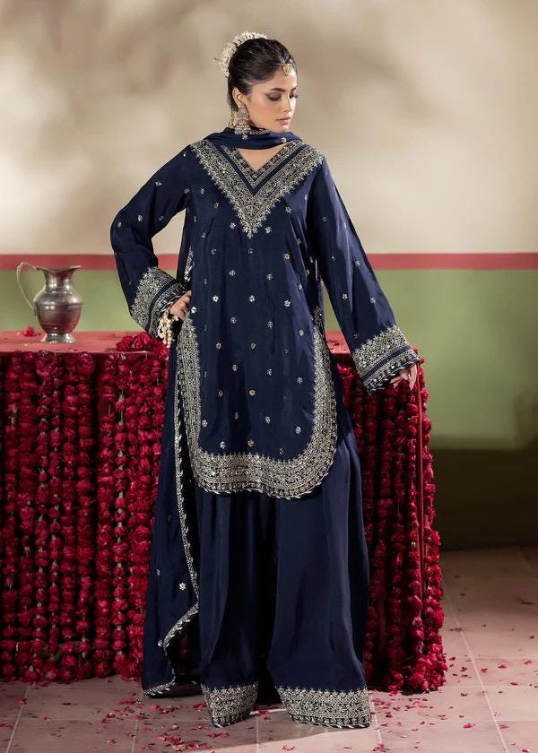 Maroon/ blue farshi shalwar embrioded 3 pc, silk fancy farshi dress