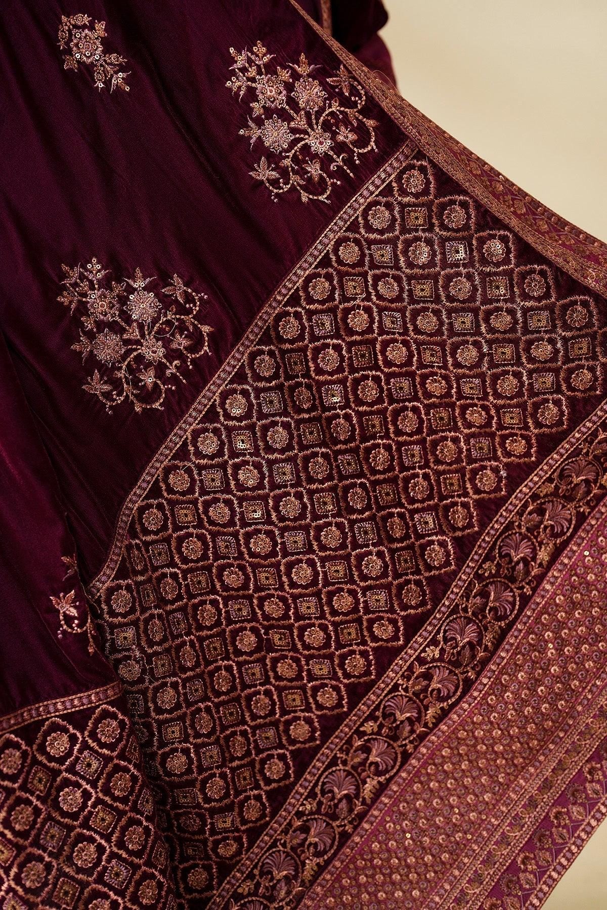 Maroon Velvet Shawl, Sequins Embroidered, Bridal Gift