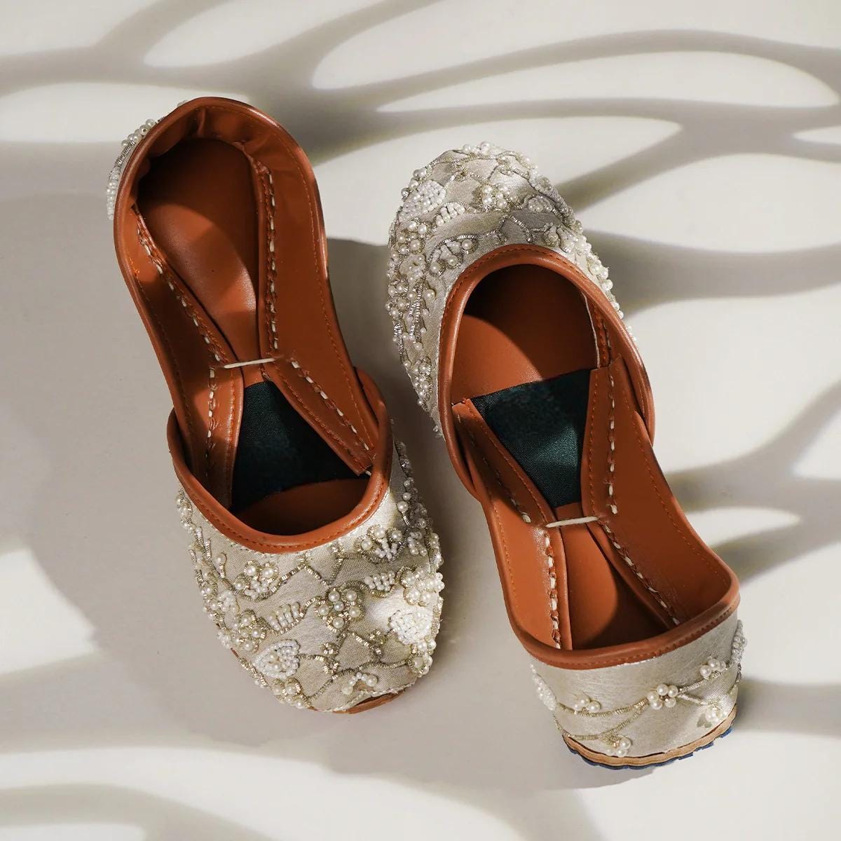 Handmade Ivory Silk Jutti, Daisy Pearls, Punjabi Mojari Flats