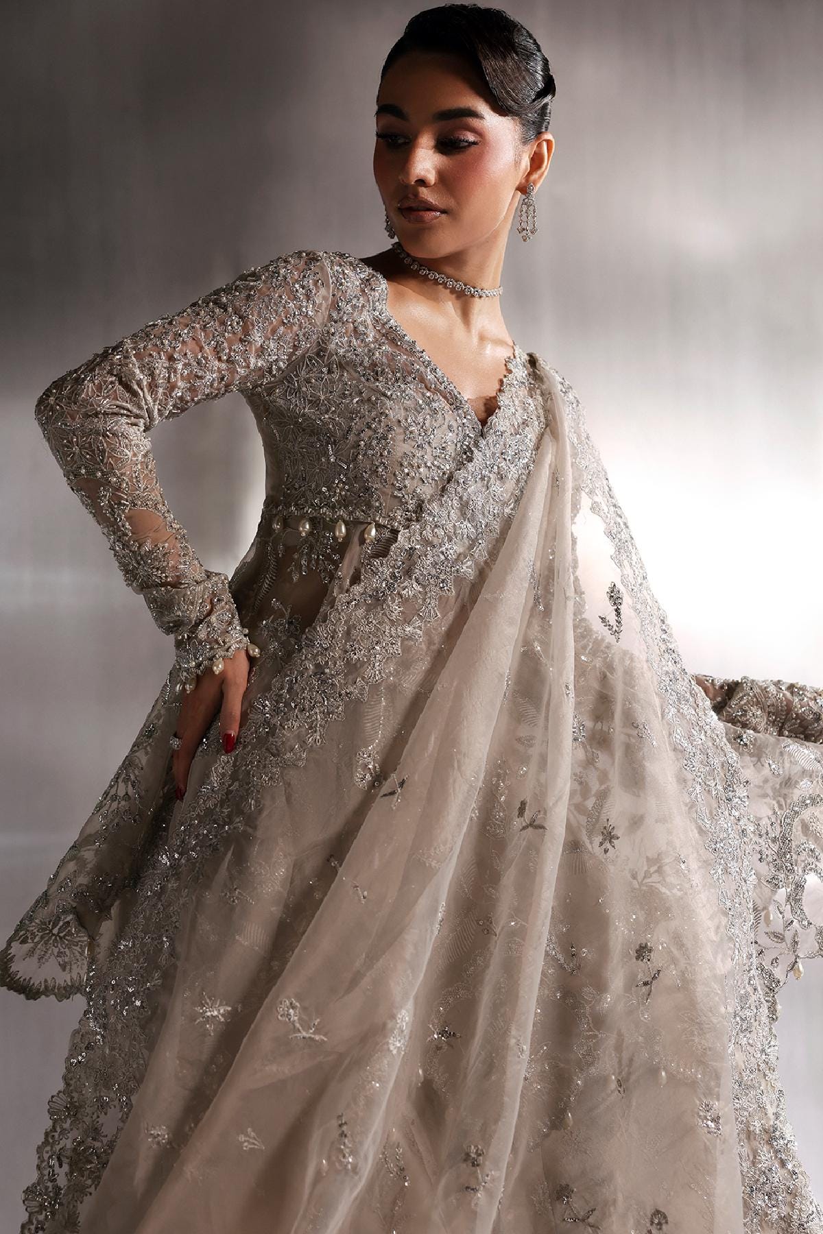 Designer Grey Organza Pakistani Suit, kamdani Sequence Work, Eid Outfit