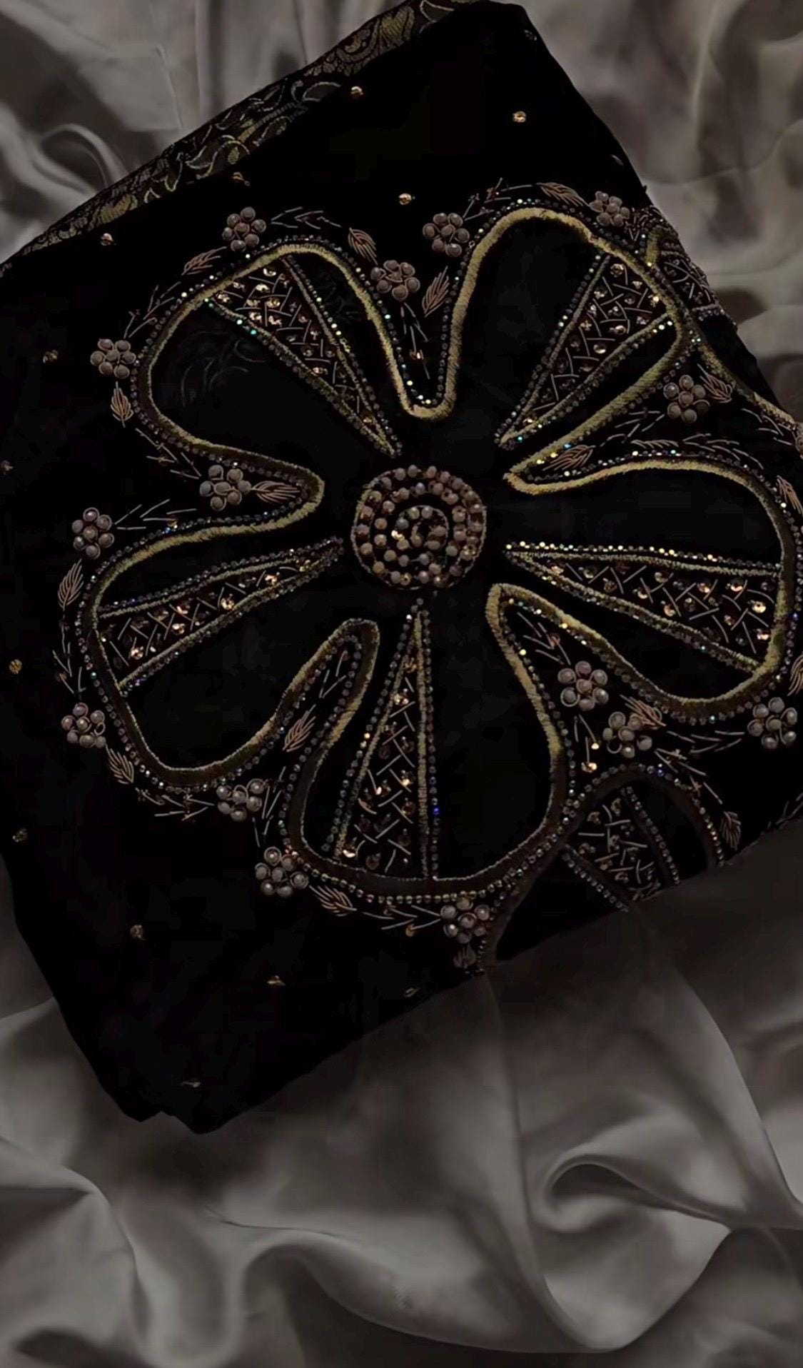 Black Velvet Shawl | Hand-Embroidered Flower & Tila, Formal Wrap