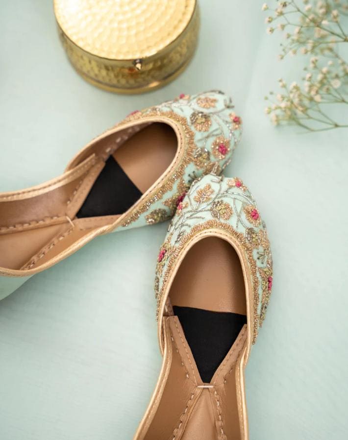 Handmade Silk Jutti: Pink & Mint Floral Khussa Mojari Flats