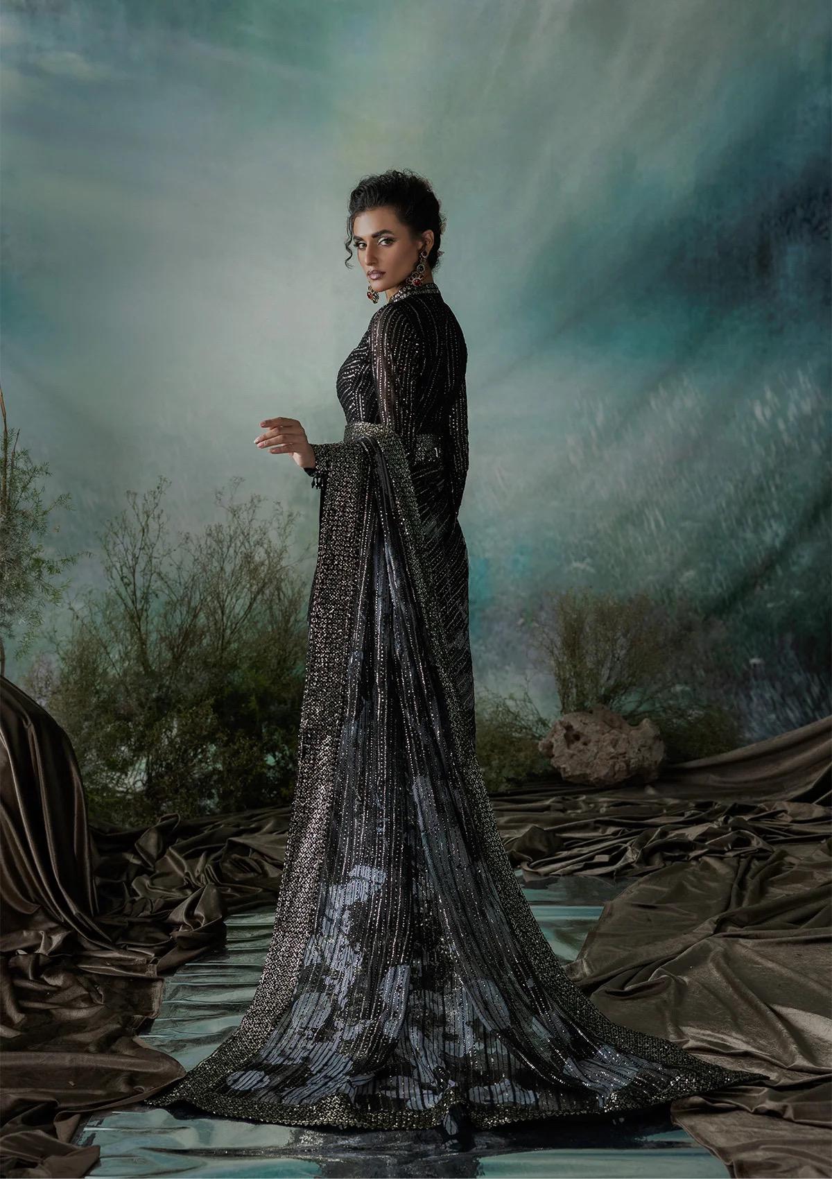 Black Sequin Saree chiffon readymade : Indian Party Wear, Designer Sari