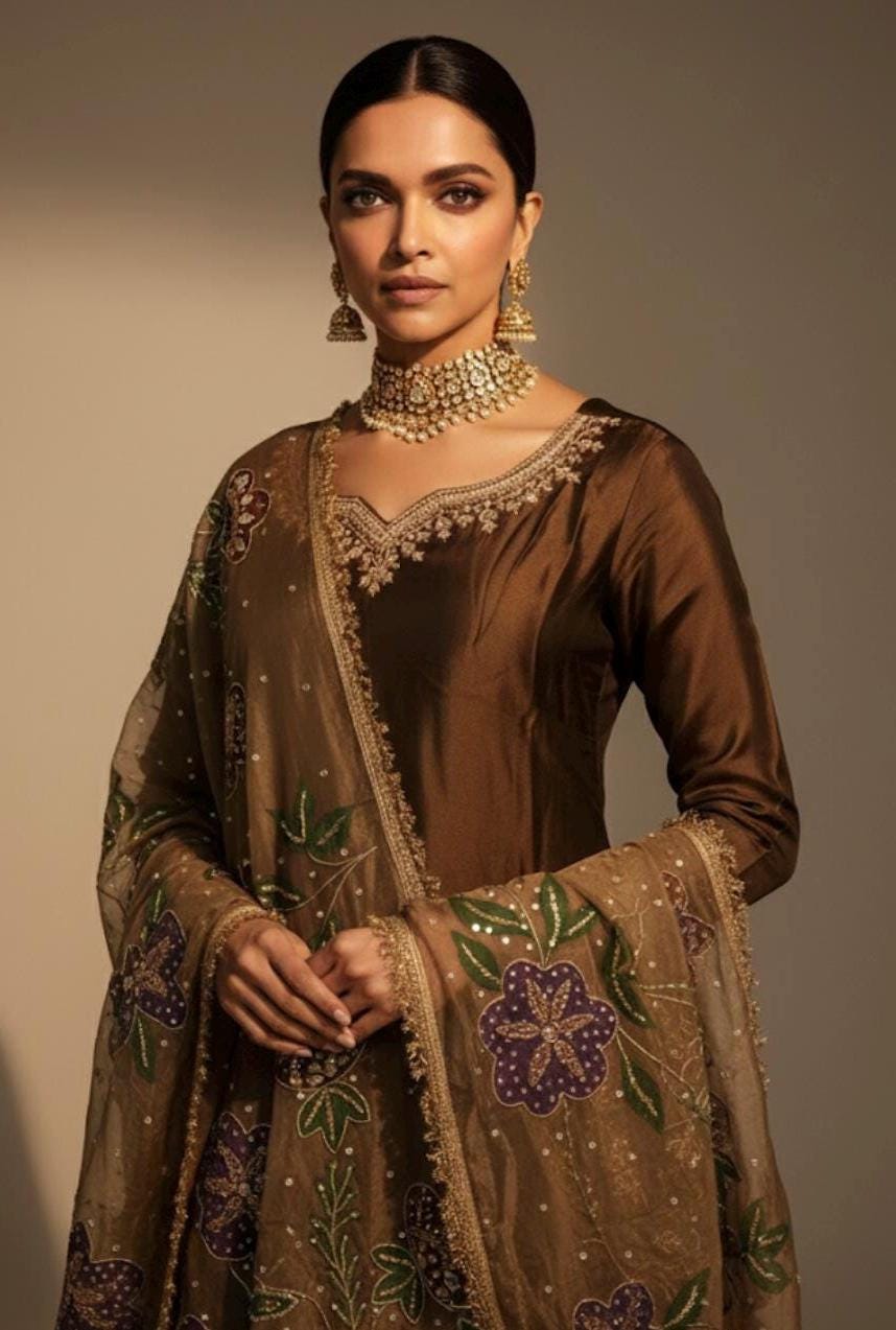 Brown Sheesha Silk Kamdani Suit, Hand-Painted Dupatta, Pakistani Wedding Outfit