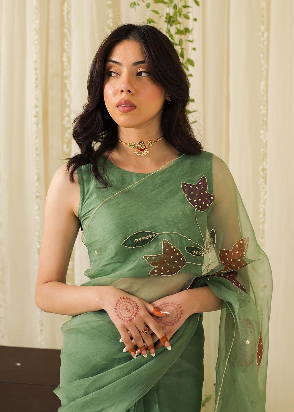 Hand-Painted Organza Saree, Green Floral Sequin Sari, Blouse Included