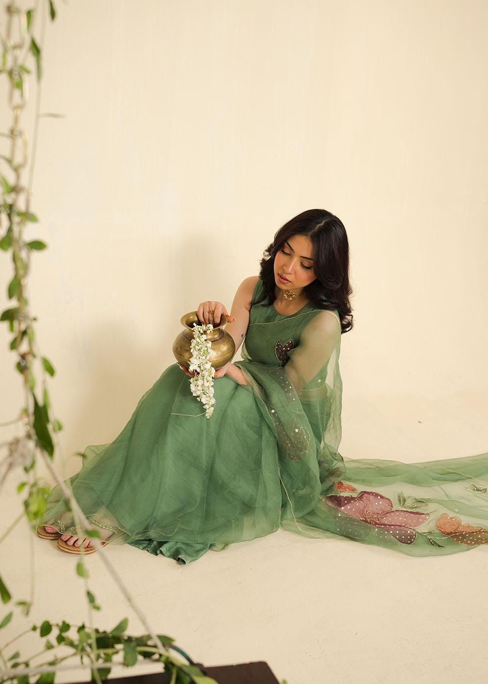 Hand-Painted Organza Saree, Green Floral Sequin Sari, Blouse Included