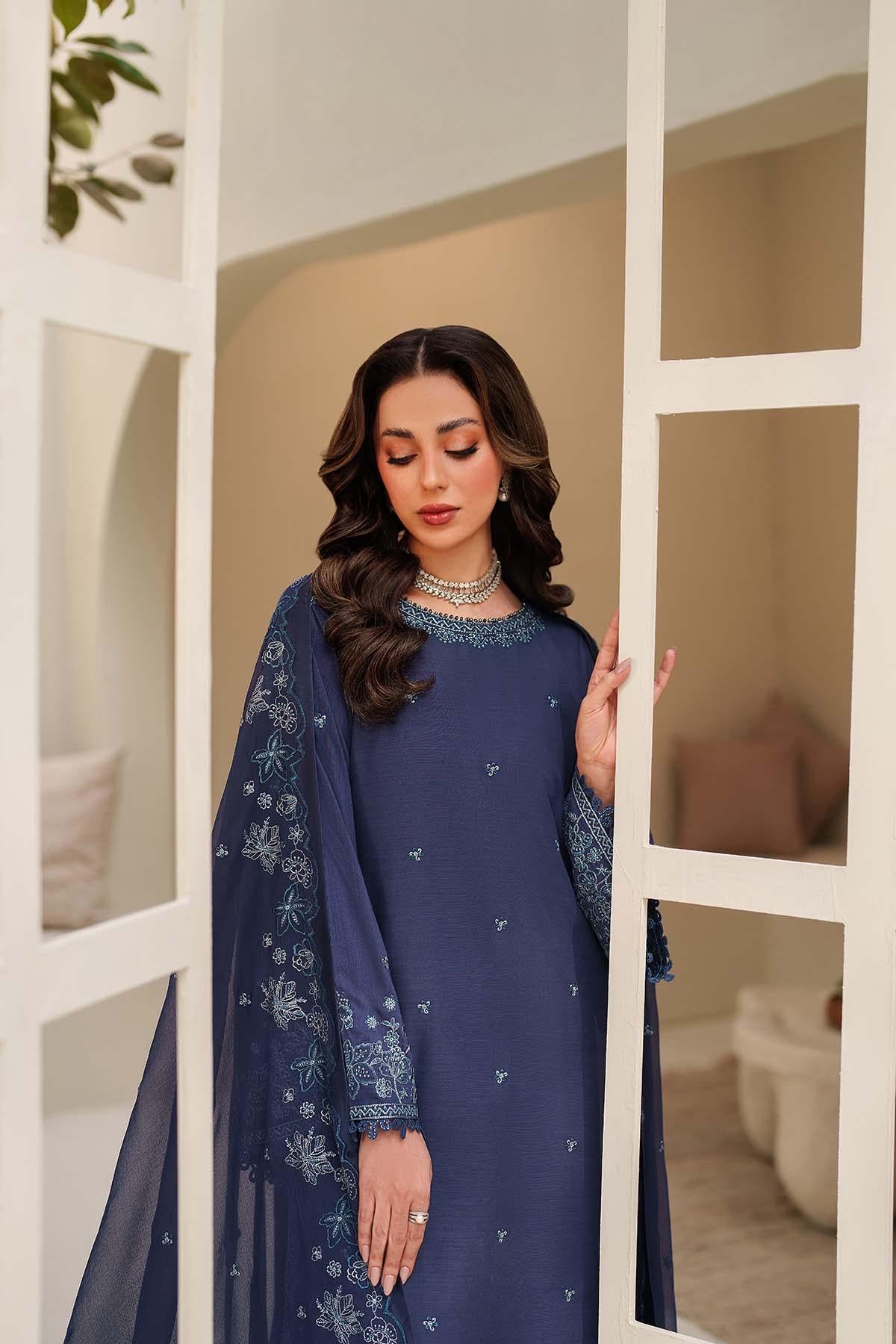 Embroidered Raw Silk Pakistani Suit Set, Blue Kurta, Trouser & Dupatta