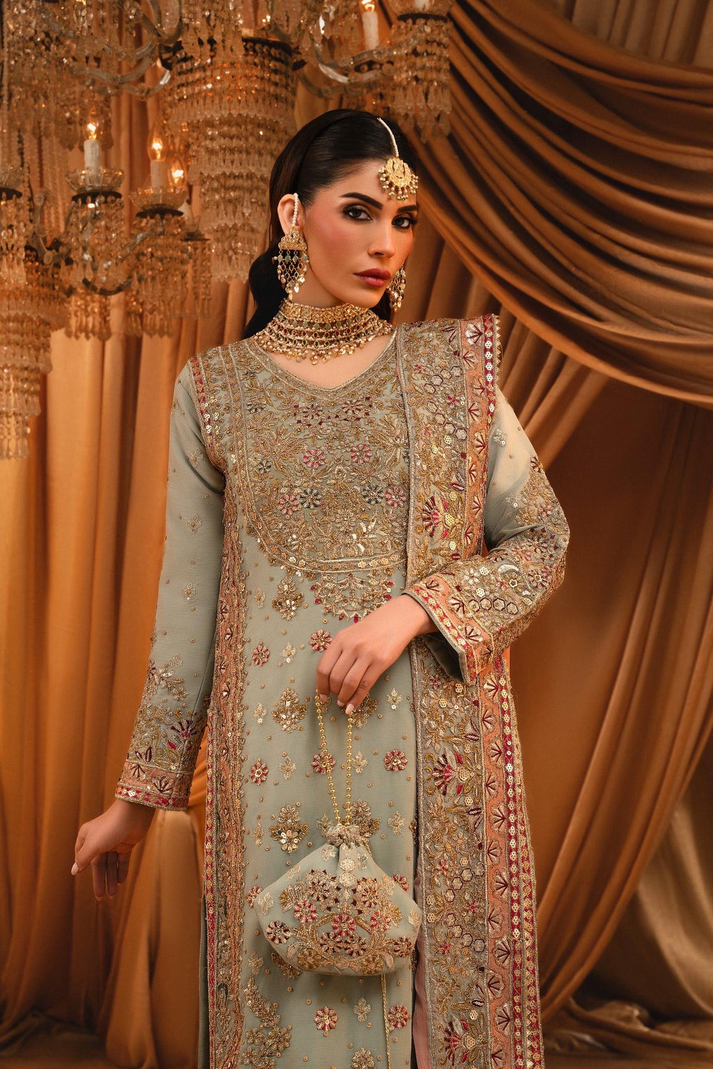 Embroidered Chiffon Kurta Set: Green Raw Silk Trouser, Wedding Dress