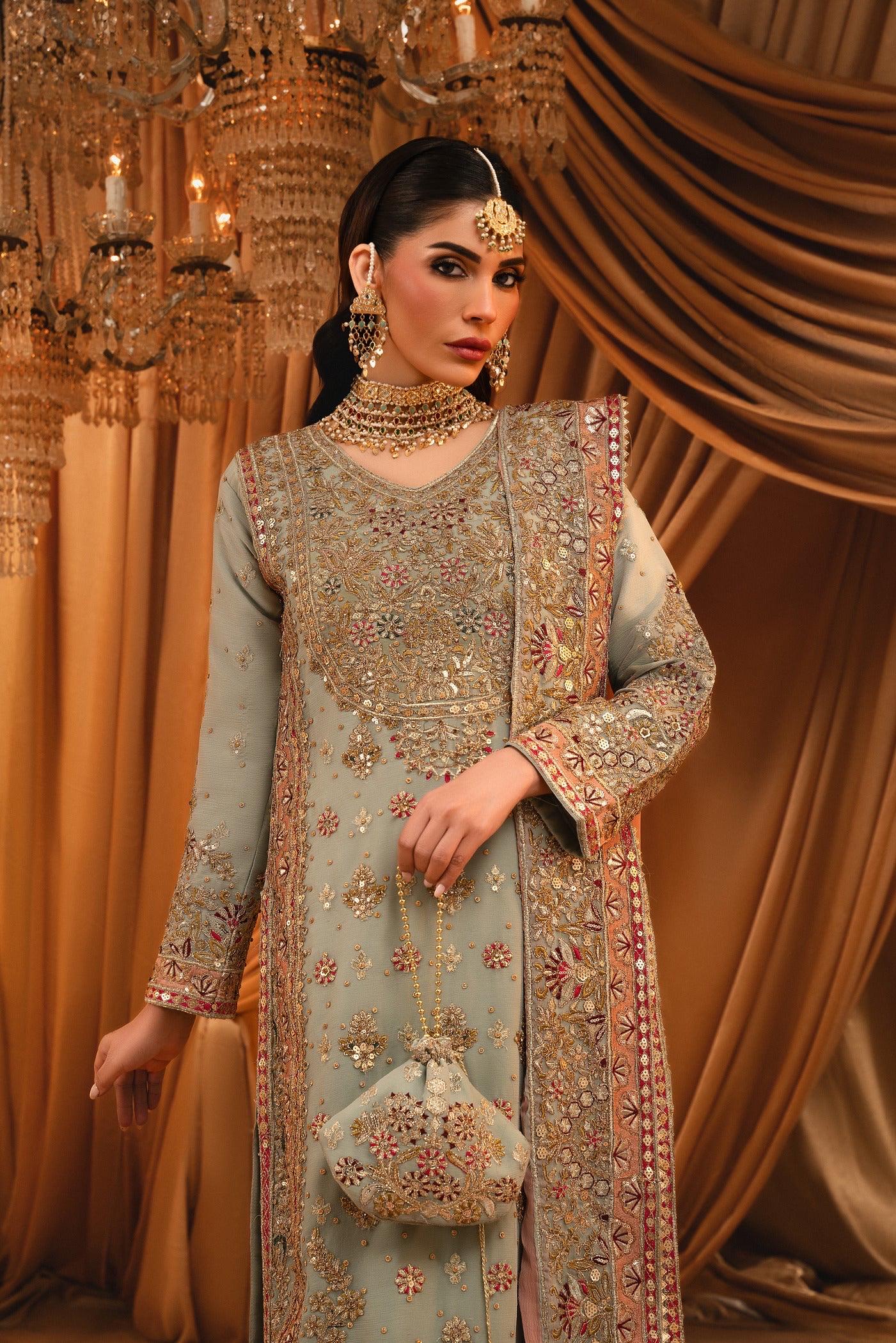 Embroidered Chiffon Kurta Set: Green Raw Silk Trouser, Wedding Dress