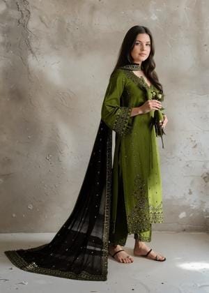 Embroidered Khaddar Olive Green Salwar Kameez with Chiffon Dupatta