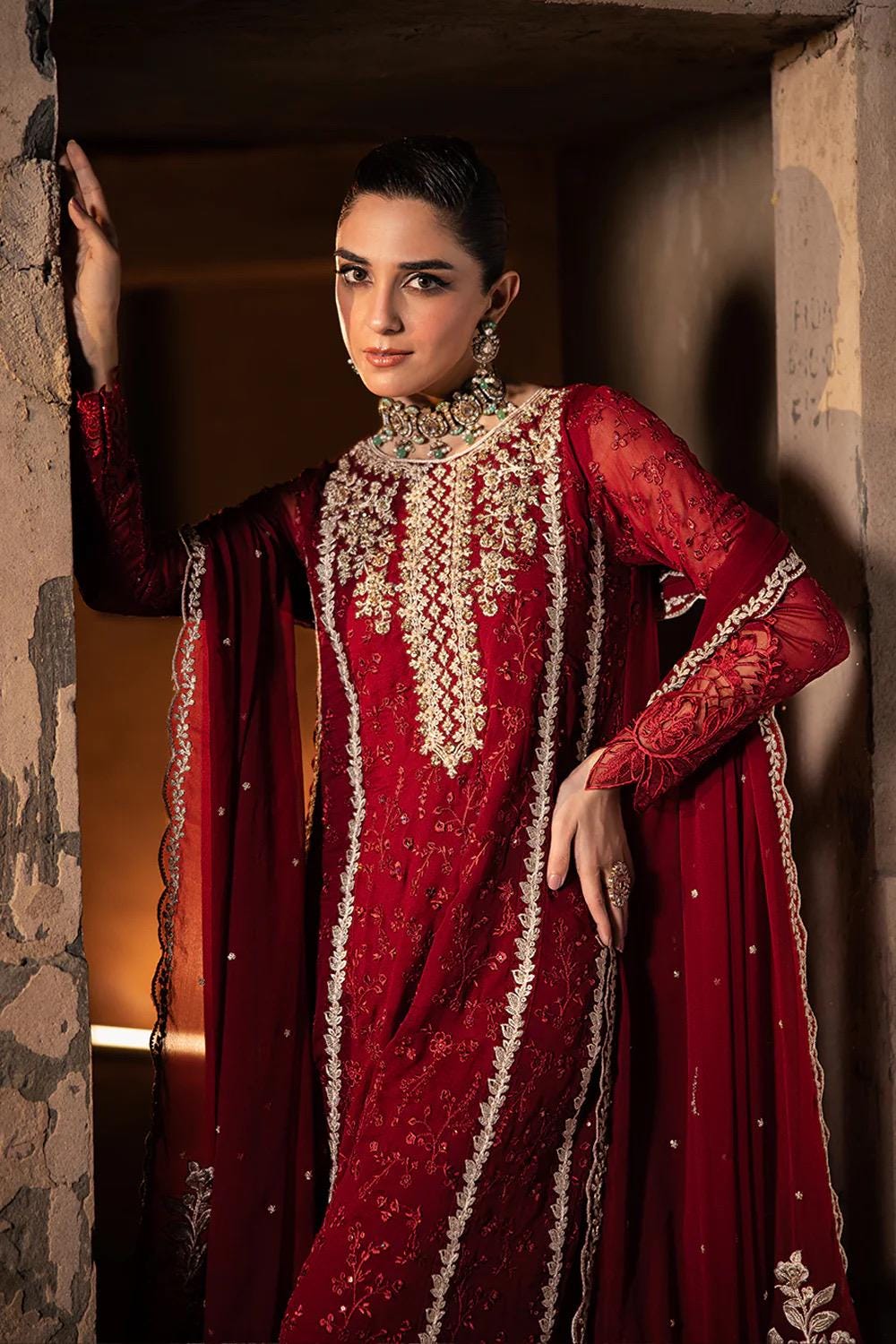 Red Chiffon Pakistani Bridal Suit: Embroidered Net Dress