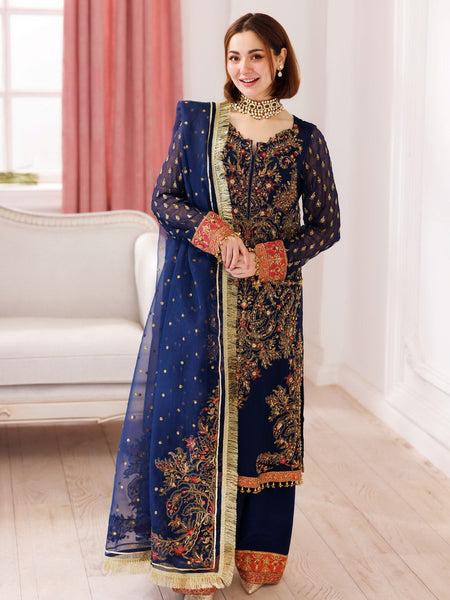 Embroidered Chiffon Pakistani Dress: Blue Floral Kashmiri Party Wear