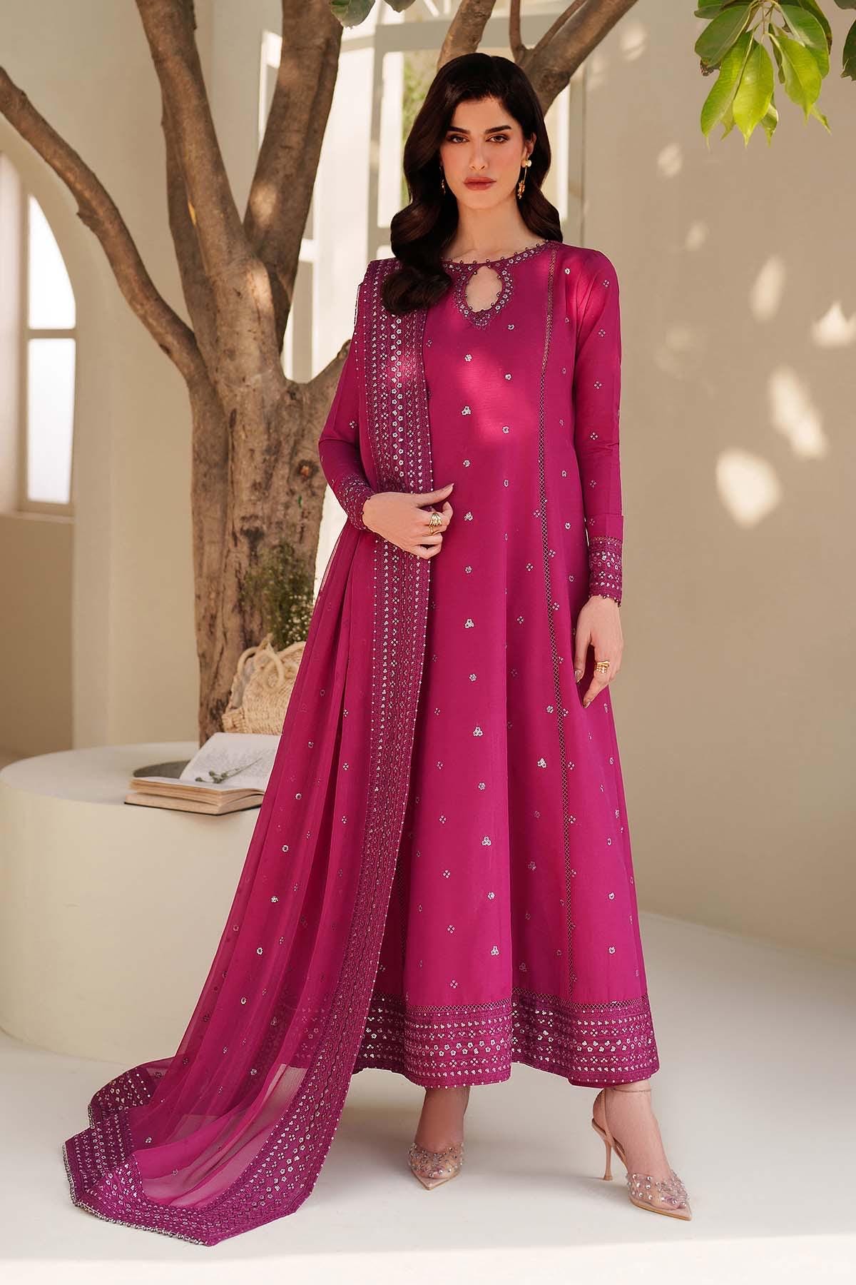 Alura Hotpink Embroidered Silk dress 3pc Suit, Sequins Pakistani Eid Dress, Organza Dupatta