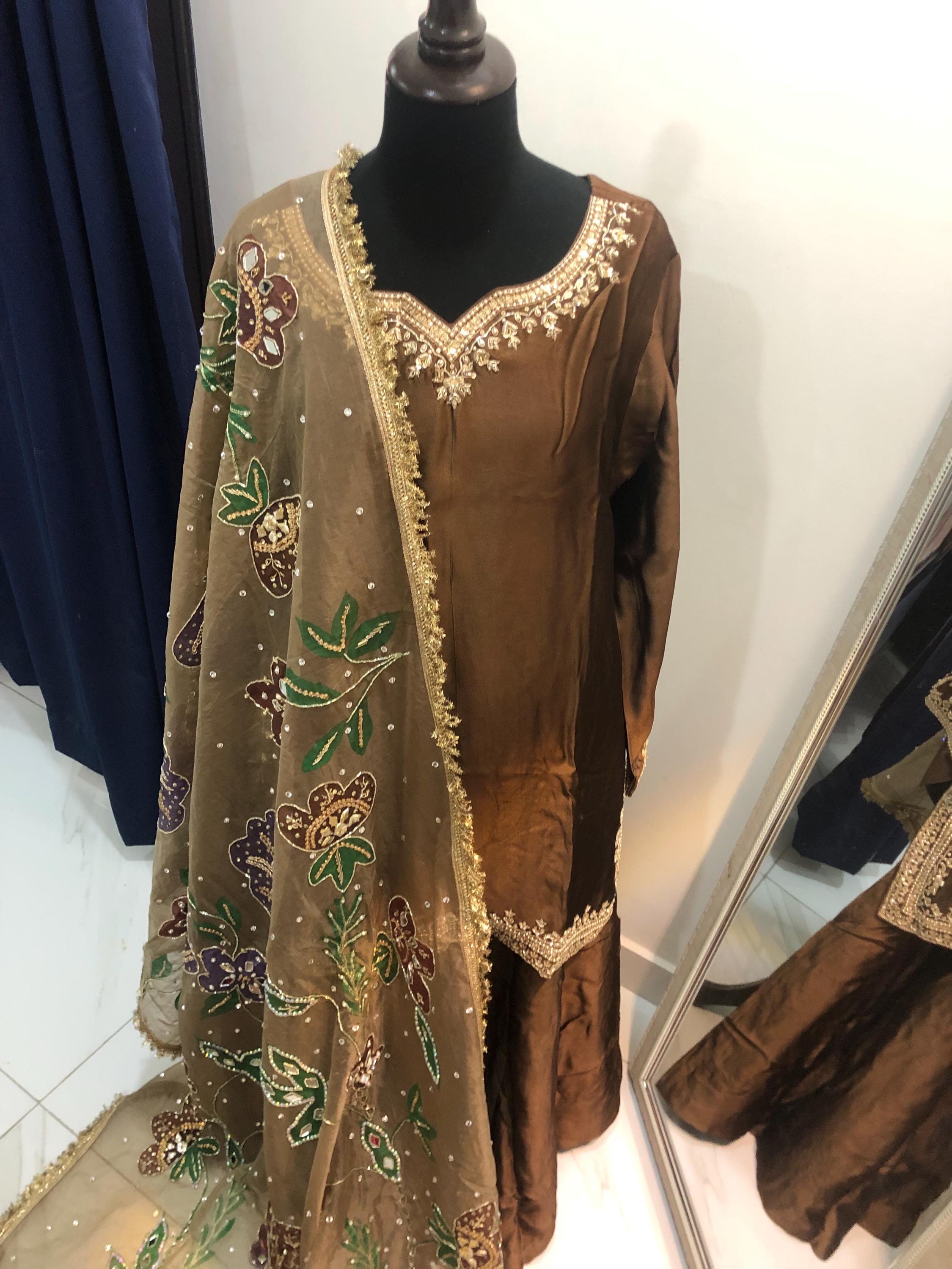Brown Sheesha Silk Kamdani Suit, Hand-Painted Dupatta, Pakistani Wedding Outfit