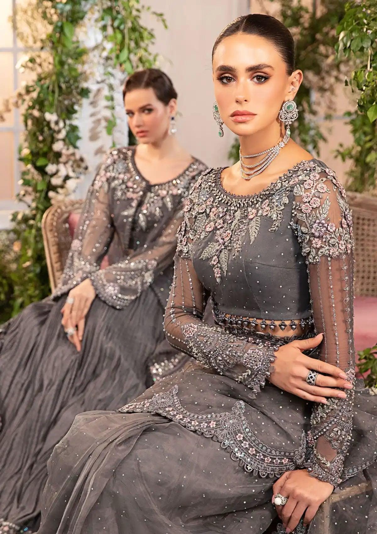 Grey Embroidered Chiffon Saree with Matching Blouse