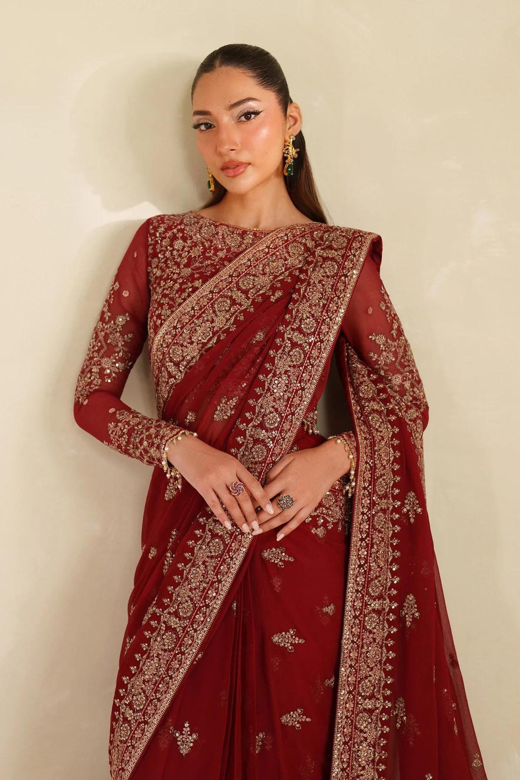 Red Chiffon Saree, Sequins Embroidered Indian Party Wear